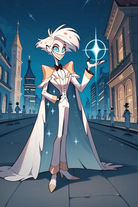 God, hazbin hotel, cape, white suit, white hair, white gloves, aqua blue eyes, epaulletes, smile, white shoes, holding kane
BREAK
High Resolution, Best Quality, Masterpiece, night, city