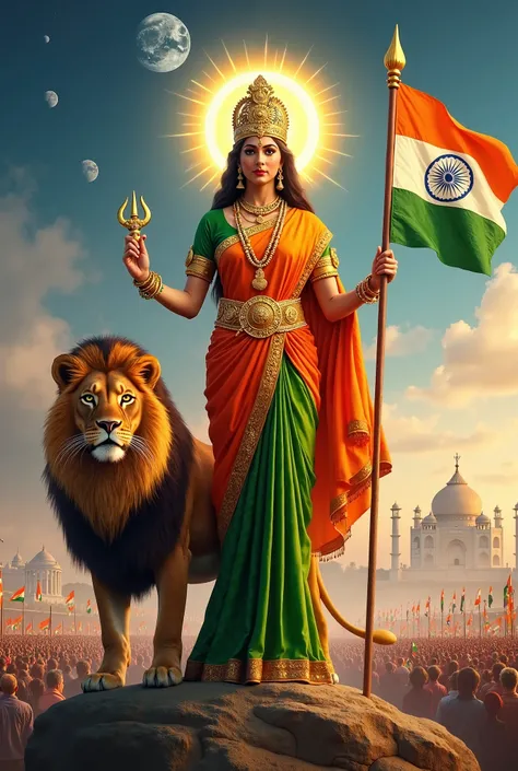 "A majestic depiction of Bharat Mata (Mother India) standing gracefully with a vibrant orange and green saree symbolizing the Indian tricolor, holding a flag of India in one hand and a golden trident in the other. She stands beside a fierce lion, represent...