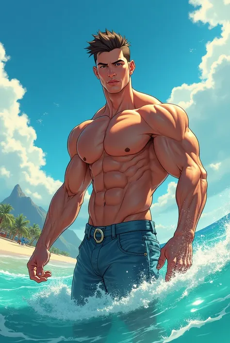 Young Brazilian man saves lives, muscular and attractive bodybuilder, not.  with big boobs.  on the beach , notm dia lindo. anime