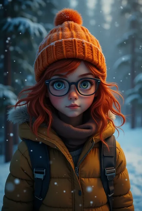  A Gril young Sarah with wavy red hair, wearing a bright orange beanie, oversized round glasses, and a winter jacket with a hoodie. She has a serious expression and is surrounded by a snowy environment with dim lighting.
nodded, her eyes sparkling with det...