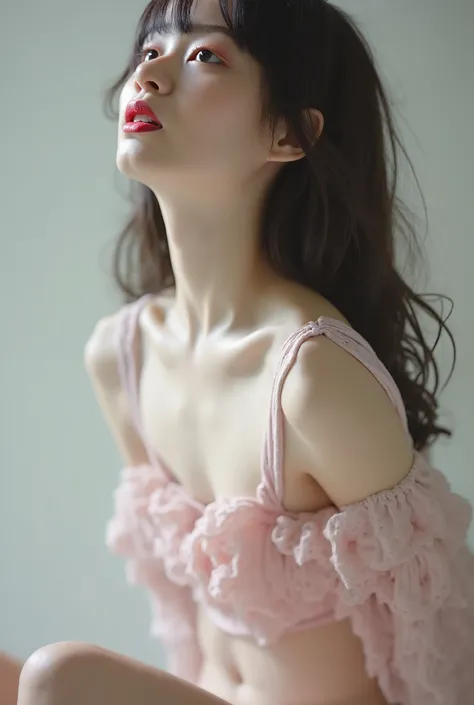  above your head open your mouth slightly,  shortcuts, ,((Very slim legs)),(( very thin waist)), Skinny ,(( very small butt)),(((Very thin thighs))),((( very small breasts))),(Very flat boobs), A beautiful girl with a thin body , skin is exposed on the nav...
