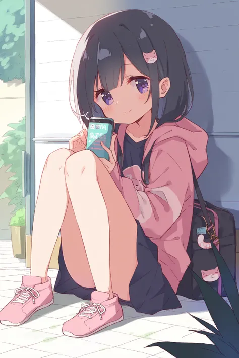 Young girl,, black hair,Erotic,nsfw,Petite,Young,Young girl体型, ,outside, oversized,big pink cat print hoodie,Petite,blush,,blush, being watched, is standing,  moe sleeve, cute,v,Beautiful legs, sitting on a chair,Thigh Gap