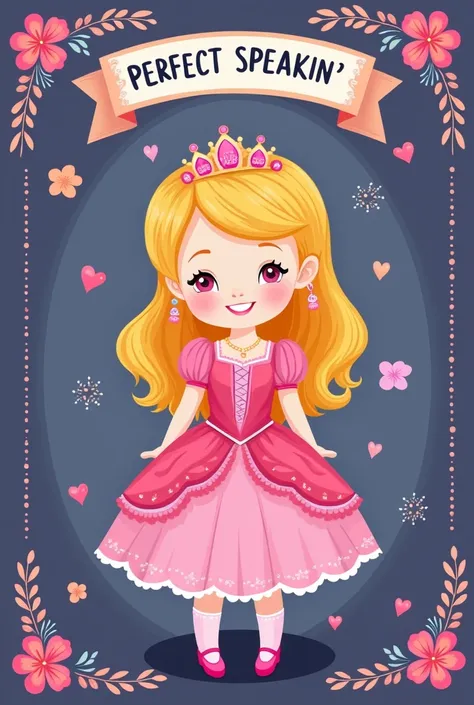 I want to create an image a book cover using cute and adorable art. The main character is a little beautiful princess dress wearing girl in yellow hair. The name of the book is PERFECT SPEAKIN' TASK 2 SAMPLE. The author is  Bethiie. All is written in creat...