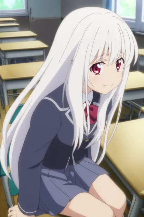  one girl, Breasts,  looks at the viewer , I smile, details,  white hair ,  long hair,  red eyes ,  in the back of a classroom in school, Anime,  is sitting on the seat , School uniform, embarrassed, 