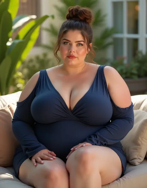 A Chubby curvy girl with fair skin tone blue eyes brown bun hair style big breast wide hips thick thighs is wearing navy blue open shoulder mini open gown is sitting on couch in outdoor living area sunny day light cinematic ultra 8k HD resolution 