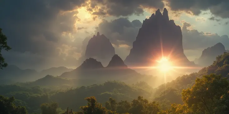 [A stunning panoramic view, bathed in the golden light of the setting sun, casts long shadows across a mystical valley filled with lush vegetation and towering, rugged rock formations that pierce a dramatic overcast sky. This scene evokes a sense of awe, s...