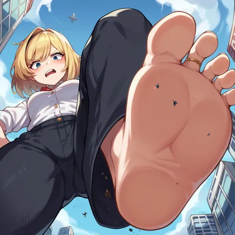 score_9, score_8_above, score_7_above, source_anime, BREAK POV : under Giantess , white skin tone , white shirt, black pants , blonde hair,from below,soles,city, destroying,car destroying
