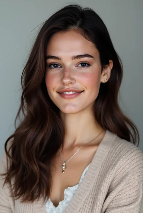 a white, american caucasian woman in her early 20s with soft, dark long-length brown hair that falls just below her shoulders in gentle waves. Her hair is styled in a neat, office-appropriate manner. Her skin is fair with a natural, healthy glow. She has s...