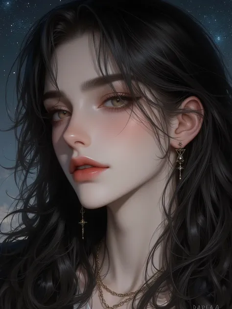 (  high resolution ,   Detail ), (1 person,   alone,   adult  , ความเป็น  adult   ,   Pretty Woman, fit, น่าlove), Wavy Black hair มีหน้าม้า, dark brown eyes , Fantasy,    very detailed face  ,  , the upper part of the body ,   Masterpiece,    high resolut...