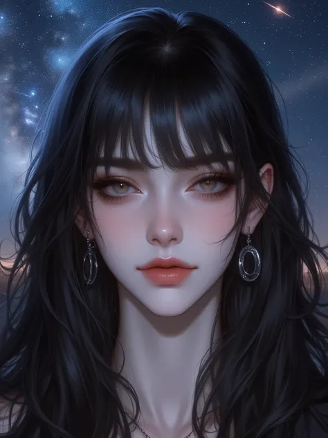 (  high resolution ,   Detail ), (1 person,   alone,   adult  , ความเป็น  adult   ,   Pretty Woman, fit, น่าlove), Wavy Black hair มีหน้าม้า, dark brown eyes , Fantasy,    very detailed face  ,  , the upper part of the body ,   Masterpiece,    high resolut...