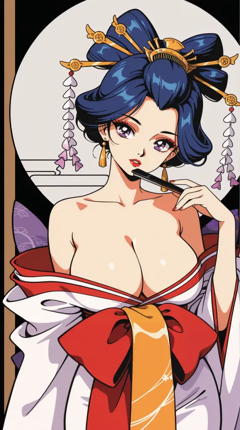 best quality, illustrator anime, master piece:1.5、(minimal art, line drawing), woman、geisha, purple eyes, blue hair, red lips, Black and white world、silence、An ennui look、Densely drawn, big breasts, cleavage, style retro classic, 




