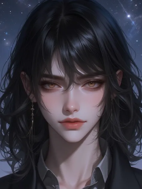 (  high resolution ,   Detail ), (1 person,   alone,   adult  , ความเป็น  adult   ,   Pretty Woman, fit, น่าlove), Wavy Black hair มีหน้าม้า, dark brown eyes , Fantasy,    very detailed face  ,  , the upper part of the body ,   Masterpiece,    high resolut...