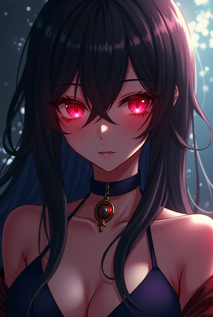 female anime character, Looking like s, dark skin color and red eyes