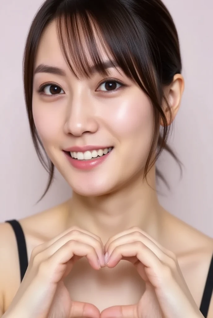  Super Fine、Picture of her face 、She smiles, I&#39;m wearing a camisole,  posing with their hands crossed in the shape of a heart in front of their chest、The background is plain 、    high definition 、細部にわたって   high definition 