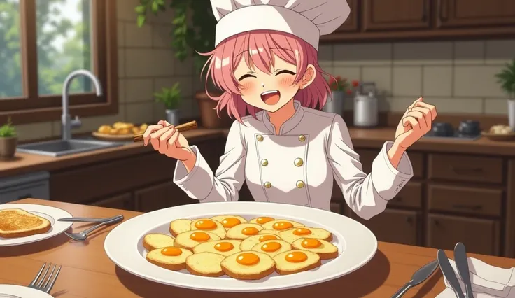 The anime girl, the chef, wearing an elegant cooking suit, takes potatoes from the farm and takes them to the big, elegant kitchen. Then she peels them and dries them. After that, she takes a knife and peels them, then cuts them. Then she takes a frying pa...