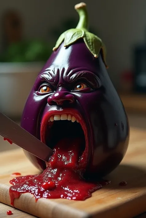 Image prompt:** *An brinjal with a human face screaming as it is being cut into pieces by a knife partially inserted into its body.   It is lying on a wooden cutting board in the kitchen.*