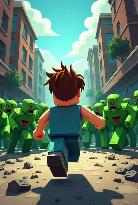  Create cover with a Roblox character running while looking back at green zombies in a crowd ,  uses the Roblox style for the cover , that transmits speed ,  anxiety fear and adventure  