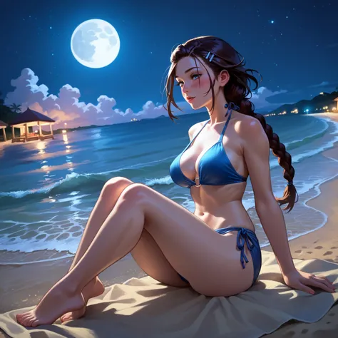 score_9, score_8_up, score_7_up, one adult brunette, long single braid hair, curvy, early 20', Medium breasts, blushing, night, dutch angle, low-key lighting, full body, beach at night, full moon