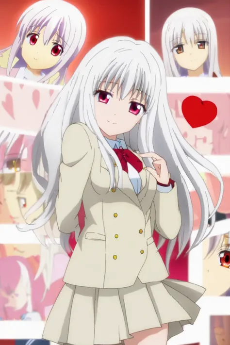  one girl, Breasts,  looks at the viewer , I smile,  white hair ,  long hair,  red eyes , Anime,  school uniform, Innocent love ,  is red ,  while one is closed, Forming a heart with ,