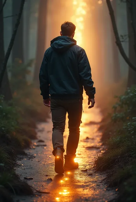 A realistic male figure, around 30 years old, standing and walking toward a glowing path. His dark jacket and pants are wet and torn. His boots leave glowing footprints on the ground with each step. His body language shows slow, deliberate steps, with his ...