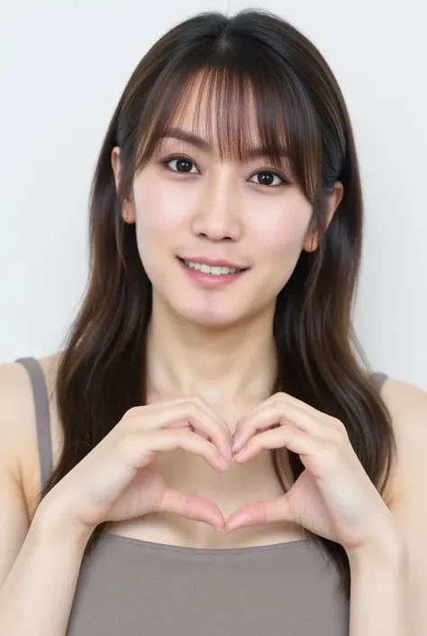  Super Fine、Picture of her face 、She smiles, I&#39;m wearing a camisole,  posing with their hands crossed in the shape of a heart in front of their chest、The background is plain 、    high definition 、細部にわたって   high definition 