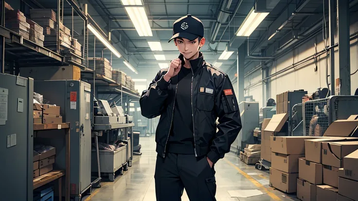 A young man in his 20s with a clean and refreshing look, standing in a modern, well-lit factory. The factory is spacious, sleek, and equipped with the latest machinery, giving it a high-tech and cutting-edge vibe. He has a friendly smile with sharp, clear ...