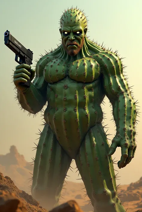 Create a cactus man with a pistol in his hand aesthetic