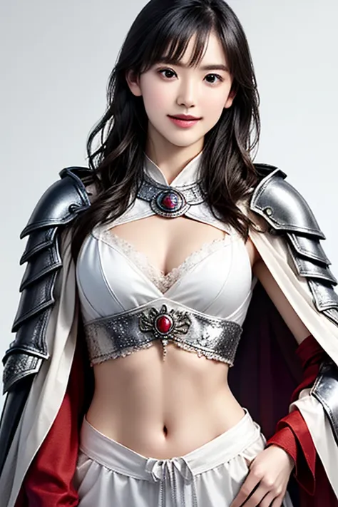 ((The upper body of a female warrior wearing silver and white light steel armor and a cloak:1.5)),1 person,  black hair,  belly shortcut   ,Big breasts and cleavage,  high-definition face and skin texture  ,  staring at the camera,   Chinese Warrior:1.2,  ...