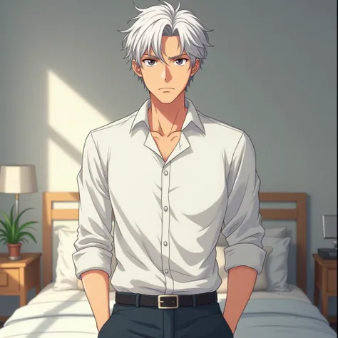 An anime-style character of a determined young man in his early 30s, with short, neatly styled white hair . His deep, expressive eyes reflect a mix of pain and resilience. He is wearing a crisp white shirt with rolled-up sleeves and dark trousers. He stand...