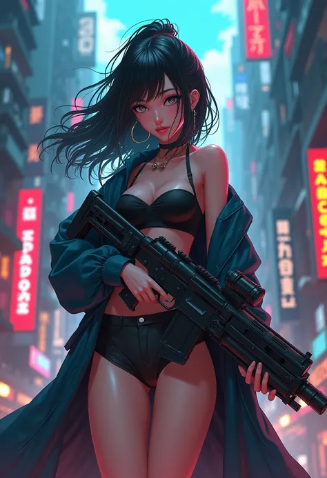 A high resolution anime picture of a cyberpunk Shadowrun girl with a huge sci-fi railgun (masterpiece:1.2,EXCEPTIONAL QUALITY ,Mirror finish, Cinematic Experience),8k,16k,wallpaper, (she is wearing a tube top, shorts and a trench coats :2.0), cyberpunk str...