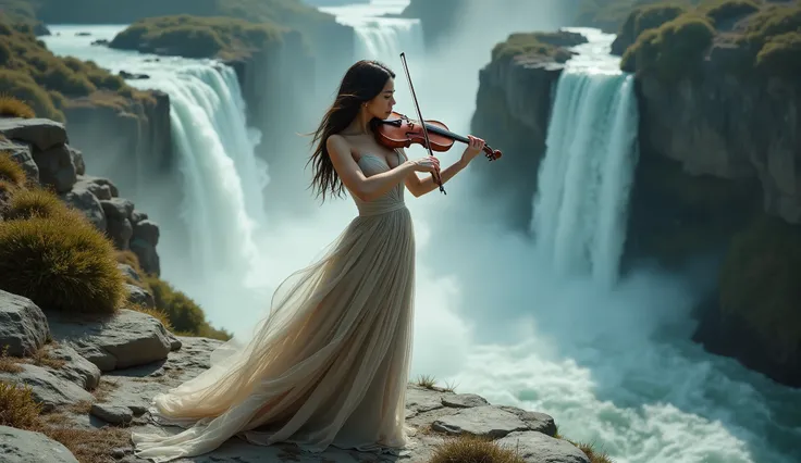 high angle of view, ((Work of art), ((High texture and pigment of eye and face skin).(8 k quality),beautiful girl in a fashionable dress with a deep neckline walks along the top of the cliff against the background of a waterfall and plays the violin