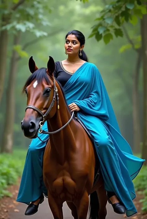 The beautiful Malayali woman sits on her horses ,  Wearing blue saree, black inner wears, ponytail Black Hair, full figure, Drunk, walking, reverse shoulder ride, wearing shoes ,dancing, realistic photos, real, holding her legs,  forests , front look's, cl...