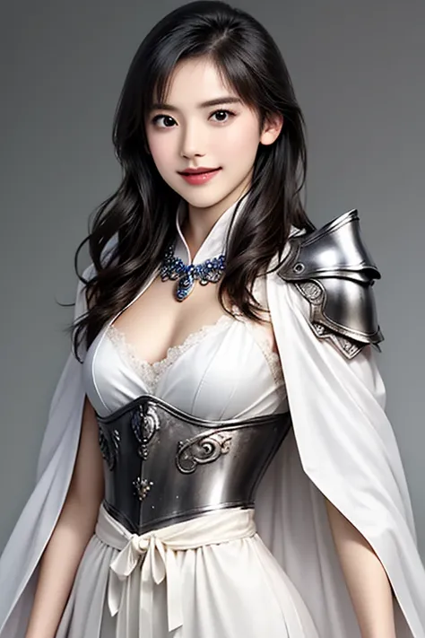 ((The upper body of a female warrior wearing silver and white light steel armor and a cloak:1.5)),1 person,  black hair,  belly shortcut   ,Big breasts and cleavage,  high-definition face and skin texture  ,  staring at the camera,   Chinese Warrior:1.2,  ...