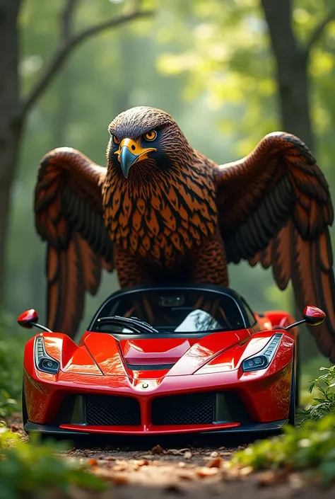 Imagine the Ferrari and Falcon combined into one hybrid creature. The body could be a massive, muscular Ferrari, with sleek curves and sharp angles, infused with the strength and power of a bird of prey like the Falcon. Its wings could emerge from the car’...