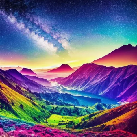 Colorful landscape with stars and mountains in the sky, Milky Way,  Multi Colored , fantasy 