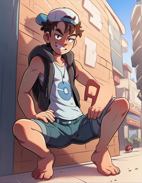 male, solo, messy hair, public, suburban town, hoodie vest, sleeveless, open shirt, cargo shorts, barefoot, intimate, perspective, full body view, pokemon trainer, cocky grin, hand on hip, black backpack, backwards cap, pokéball in hand, squatting position...