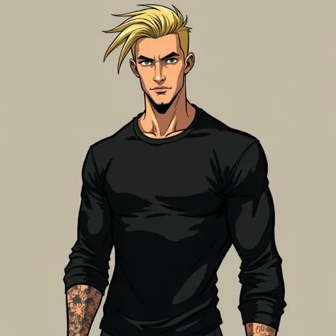   a crude and bad-faced man of a ,70m high, Skinny at 27 years old.  He wears a black long-sleeved t-shirt and black pants. has green eyes, And he's blond with short hair , but not so short , divided in half.  in comic style 