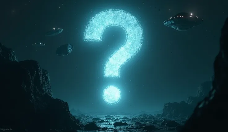 A question mark glowing brightly in the dark, surrounded by mysterious imagery: UFOs, cryptids, and unsolved phenomena. This should create an atmosphere of intrigue and curiosity.