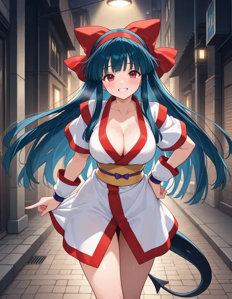 (​masterpiece, top-quality, hight resolution, Unity 8k, extremely details CG:1,Best Picture), "nakoruru" costume, red eyes, blue hair, long hair, red ribbon, tail,  Emphasis on cleavage, large breasts, Dizzy (guilty gear), gesture implying sex, A prostitut...