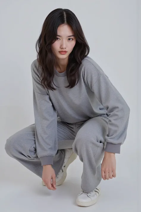 a high resolution photograph of a Japanese young woman like a super-model wearing sweater tracksuit, 
squatting, acrobatic pose, detailed hands, intricate details, 8k,
