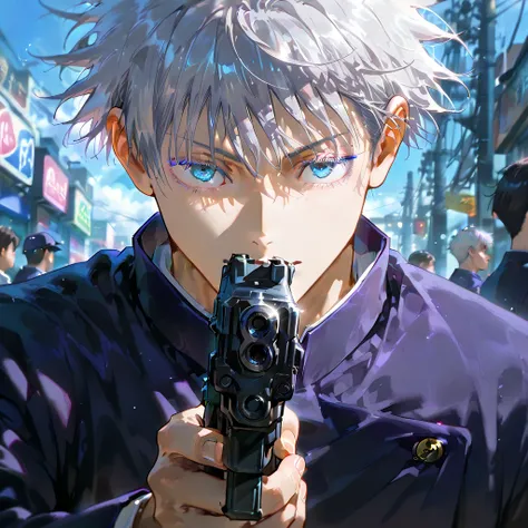 8K wallpaper、masterpiece,  最    High Quality     ,       High Quality    ,        Very Aesthetic,    fool  , up to date, detailed shading,   Photorealistic,    {{{{One boy, Jujutsu Kaisen、Gojo Satoru,   gray hair,    short hair while on a business trip ,  ...