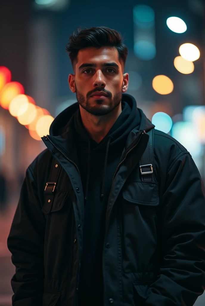 A striking image of a confident man standing under dramatic lighting, wearing modern streetwear or casual business attire, with a strong and focused gaze, surrounded by urban city vibes at night—soft bokeh lights in the background, cinematic atmosphere, hi...