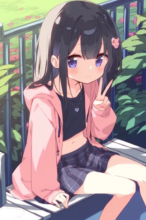 Young girl,, black hair,Erotic,nsfw,Petite,Young,Young girl体型, ,outside, oversized,big pink hoodie,Petite,blush,,blush,  is standing,  moe sleeve, cute,v,Beautiful legs, sitting on a chair, absolute domain, plaid skirt,stomach,Belly button