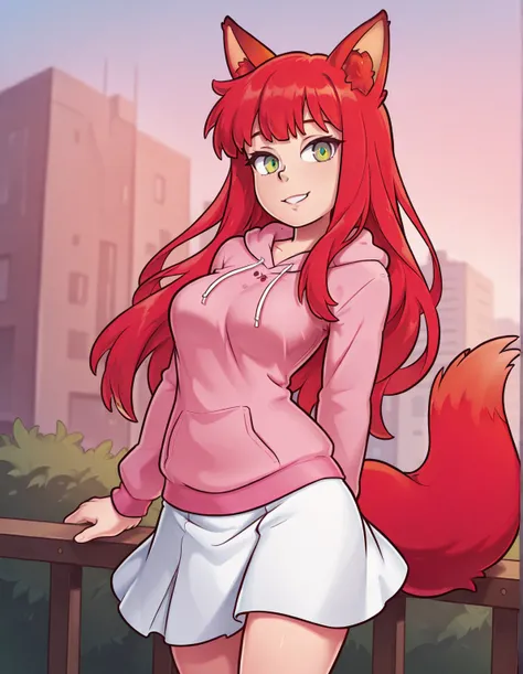 score_9, score_8_up, score_7_up, best quality, clear face, 1girl, solo, red hair, long hair, green eyes, medium breasts, outdoor, cowboy shot, looking at viewer, pink hoodie, white skirt, smile, fox ears, fox tail