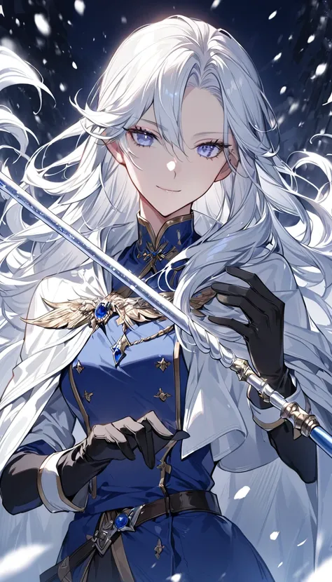 Detailed eye depiction， one woman，Duke，nice，Handsome ，beauty，grace，Slender， Silver White Long Hair， Light Blue Eyes，Delicate five-pointed detail ， exquisite eyes , gentle smile ， Dark Blue Army Uniform，cloak， black gloves ， Western fantasy， perfect human a...