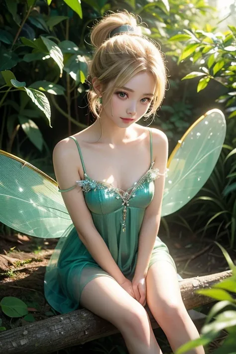  a fairy like a tinker bell 、 fairy wings shine like crystals、 gentle sunlight pouring in from above 、The hair color is blond ponytail、Eye color is jade color 、Sit on the leaves of a tree in a large forest、Playing a harp 