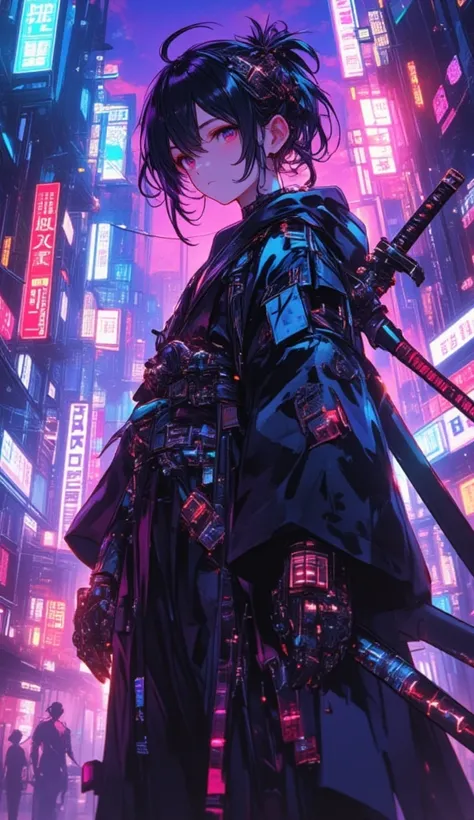 A high resolution anime picture of a "pretty boy" cyberpunk Japanese male street samurai with a cybernetically enhanced katana (masterpiece:1.2,EXCEPTIONAL QUALITY ,Mirror finish, Cinematic Experience),8k,16k,wallpaper, (wearing a futuristic punk-influence...