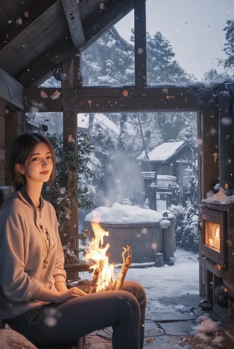   雪が降って積もっている間に暖炉を見つめるwoman  、woman,  best quality,  very detailed, FHD, 16k,   ridiculous , hot spring,  log cabin, countryside,  happy,  smiles,  , anime,  wide shot,  Double Exposure , Warm colors