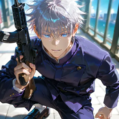 8K wallpaper、masterpiece,  最    High Quality     ,       High Quality    ,        Very Aesthetic,    fool  , up to date, detailed shading,   Photorealistic,    {{{{One boy, Jujutsu Kaisen、Gojo Satoru,   gray hair,    short hair while on a business trip ,  ...