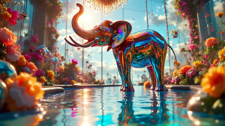  surreal fantastic indoor scene ， in which there is a reflective metal elephant sculpture standing in a shallow pool 。 The room is decorated in bright pink 、 Orange and yellow flowers 。 The sun shines in through a large window ， forming a glare on the surf...